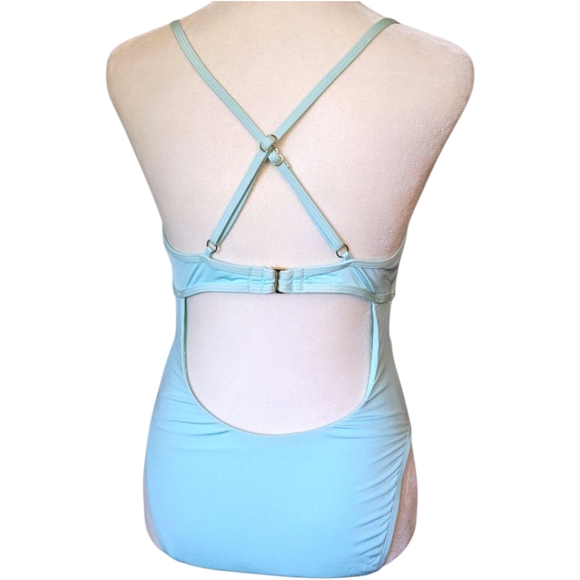 NWOT Bcbgmaxazria Plunging V-Neckline Shirr One Piece Swimsuit Aqua Blue Size 8 - Picture 4 of 17